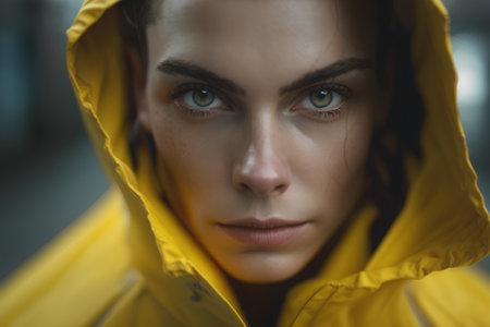 Close-up portrait of a young woman in a yellow raincoatの素材