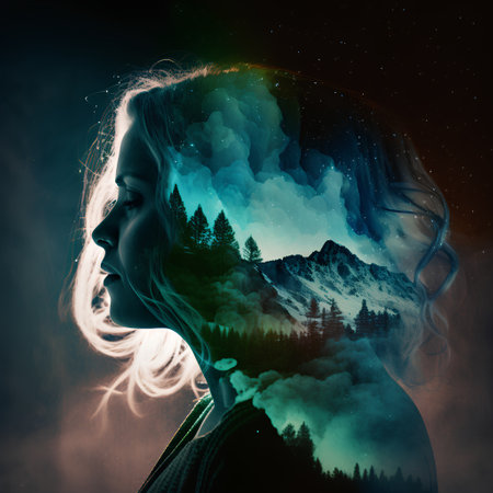 Double exposure portrait of young woman and nature background. Mental health conceptの素材