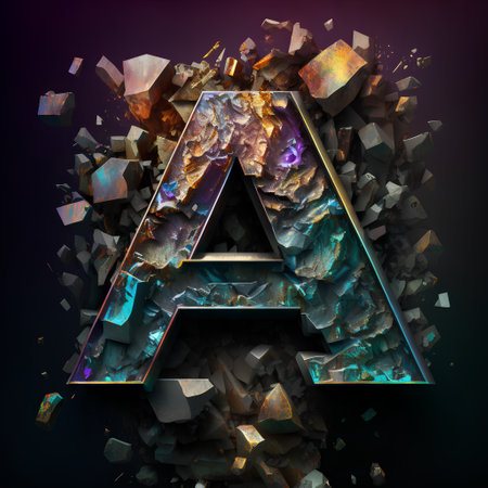 Letter A cracked in the stone font. 3D render isolated on black backgroundの素材