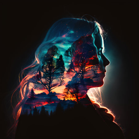 Double exposure of a woman's face and a silhouette of a tree in the background.の素材