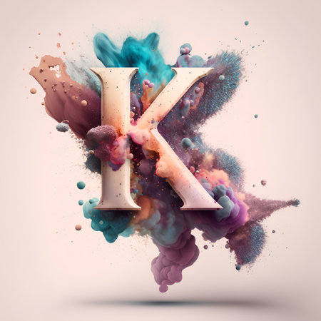 Colorful paint explosion with letter K. 3d render illustration.の素材