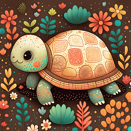 Cute cartoon turtle with flowers on brown background. Vector illustration.の素材