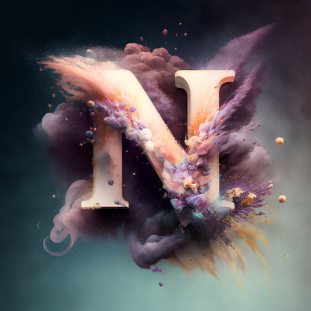Colorful explosion of smoke with letter N. 3d illustration.の素材