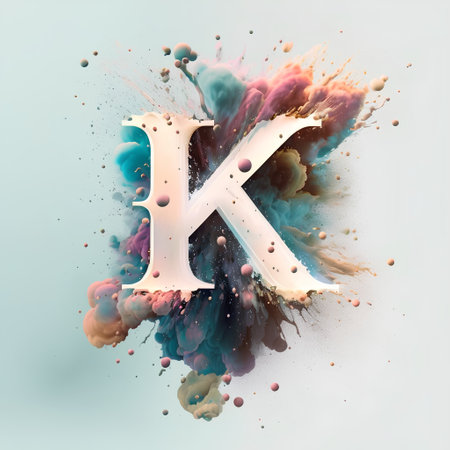 Colorful explosion of paint with letter K. 3d rendering.の素材