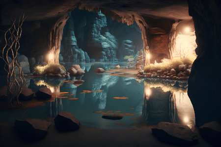 Fantasy landscape with dark cave. 3D illustration. Fantasy.の素材