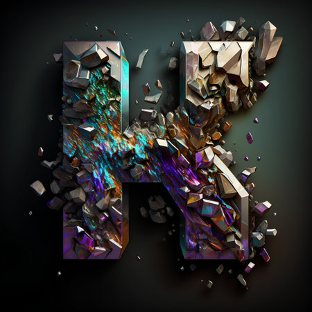 3d render cracked broken letter K in low poly style isolated on black backgroundの素材