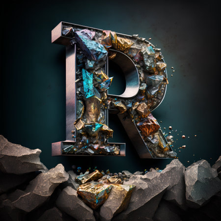 Number 1 made of crushed gold. 3D render font with cracked stone background.の素材