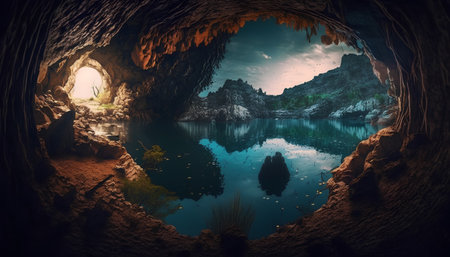Fantasy cave with a reflection in the water. 3d renderの素材