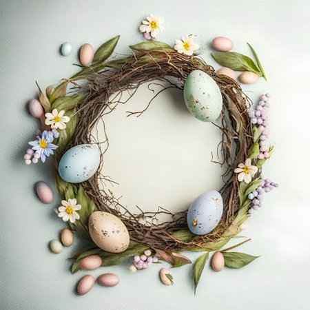 Easter wreath with eggs and spring flowers on a blue backgroundの素材