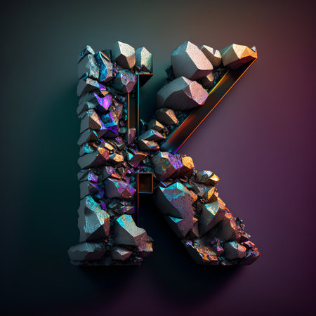 3d letter K in low poly style. Broken and cracked stone font. 3d renderingの素材