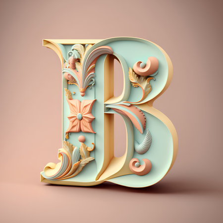 3d render of letter B with floral ornament. Decorative font.の素材