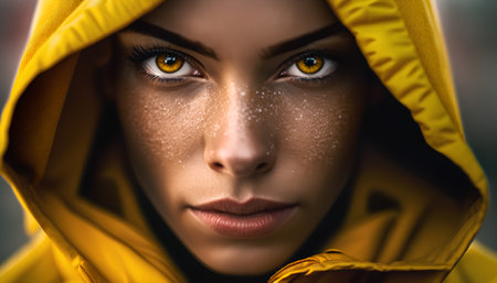 Close-up portrait of a beautiful girl in a yellow raincoat.の素材