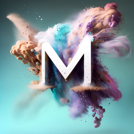 The letter M in the form of an explosion of colored smoke.の素材