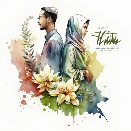 Hijab man and woman with flowers and watercolor splashesの素材