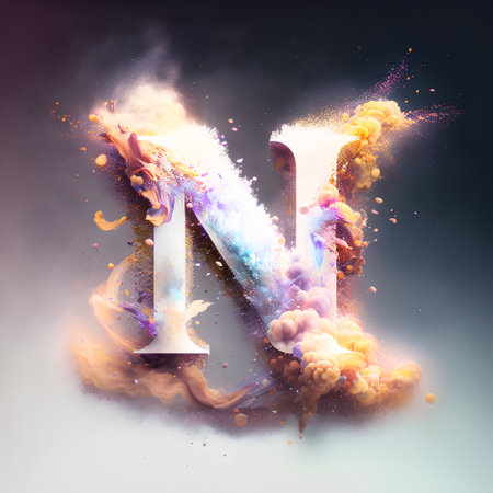 Colorful explosion of smoke with letter N. 3D illustration.の素材