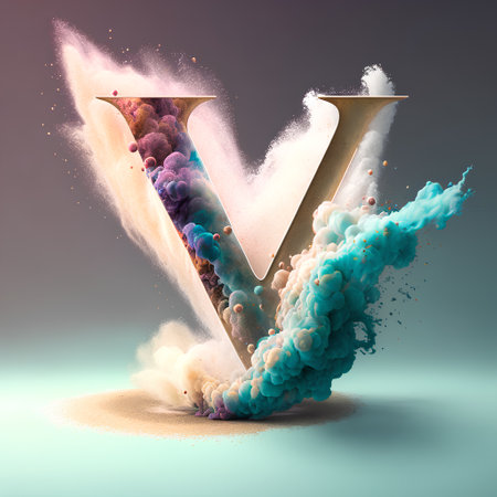 Alphabet letter V with colorful smoke isolated on dark background. 3d renderingの素材