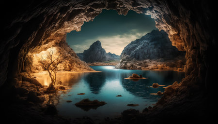 Beautiful fantasy landscape with dark cave and lake. 3d renderingの素材