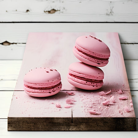 Pink macaroons on a wooden board. Sweet macaroon.の素材