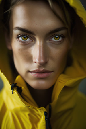 Portrait of young woman in yellow raincoat looking at camera.の素材
