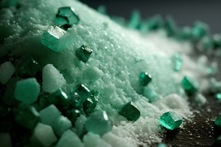 Green bath salt on black background. Selective focus. Toned.の素材