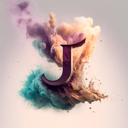 Letter J in a colorful smoke explosion, isolated on white background.の素材