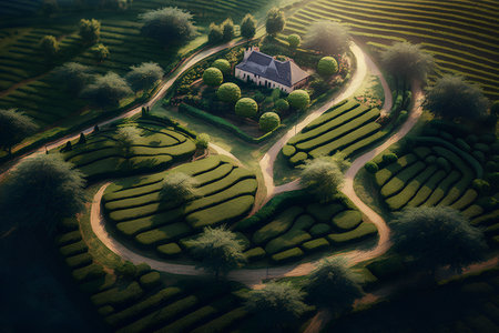 Aerial view of beautiful green tea plantation in the morning at sunrise.の素材