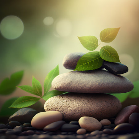 Zen stones with green leaves on blurred nature background. 3d illustrationの素材