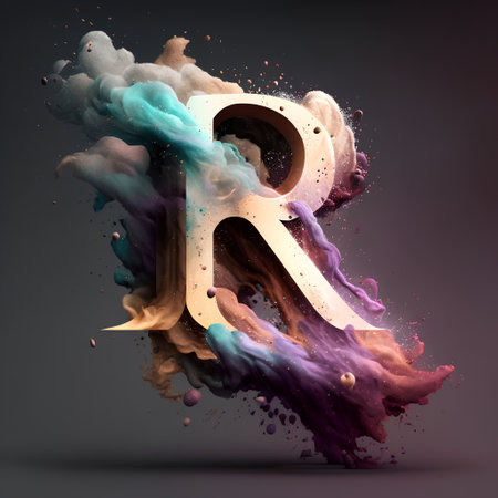 Colorful paint splashes letter R uppercase isolated on black backgroundの素材