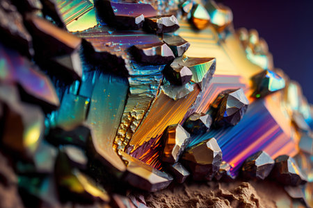 Macro shooting of natural mineral rock specimen - raw pyrite crystals on colored backgroundの素材