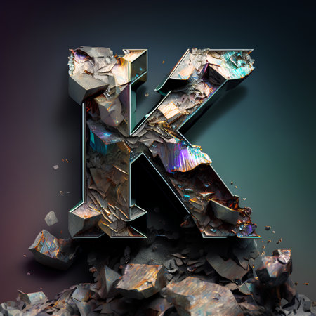 Metal letter K uppercase. Crushed metal font. 3D renderingの素材
