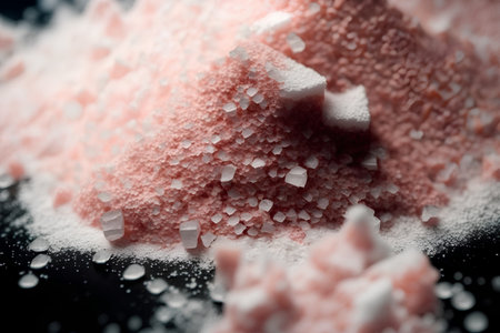 Pile of pink granulated sugar on black background, closeupの素材