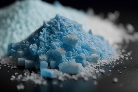 Close-up of blue granulated sugar on a black background.の素材