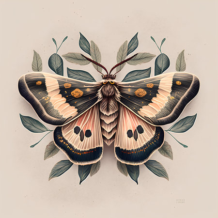 Beautiful hand drawn moth with leaves. Vector illustration in vintage style.の素材