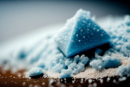 Close-up of blue sugar cubes on wooden table. Selective focus. Toned.の素材