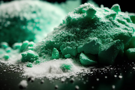 Closeup of a pile of green salt crystals on black background.の素材