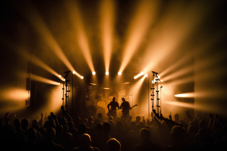 Concert crowd in front of a bright stage with lights and smokeの素材