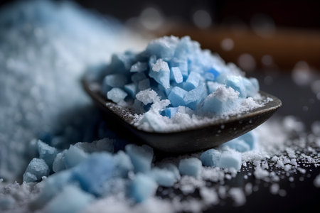 Blue sea salt in a scoop on a wooden surface. Selective focus.の素材