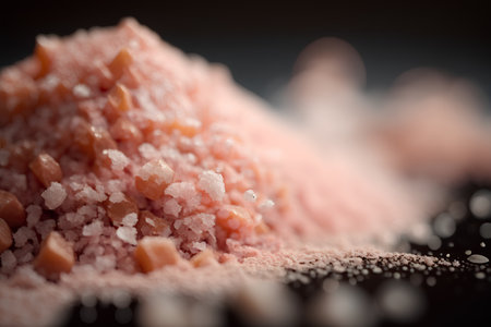 Close-up of pink salt crystals on a black background. Selective focus.の素材