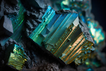Macro shooting of natural mineral rock specimen - raw pyrite crystals on dark backgroundの素材