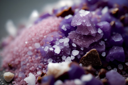 Close up of a pile of purple bath salt on a black backgroundの素材