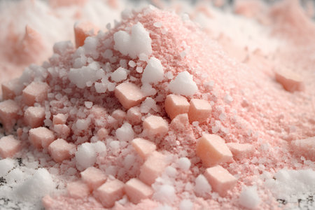 Pile of pink salt crystals as background, closeup. Space for textの素材