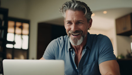 Portrait of a smiling mature man using laptop while sitting at homeの素材