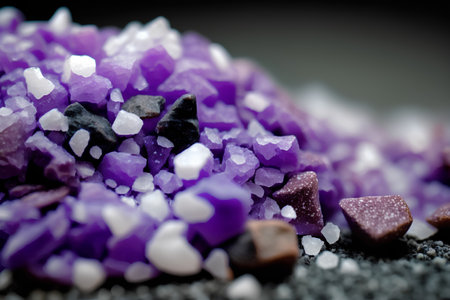 Close up view of a pile of purple salt crystals on a black background.の素材
