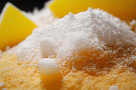 Close up of yellow and white granulated sugar, selective focus.の素材