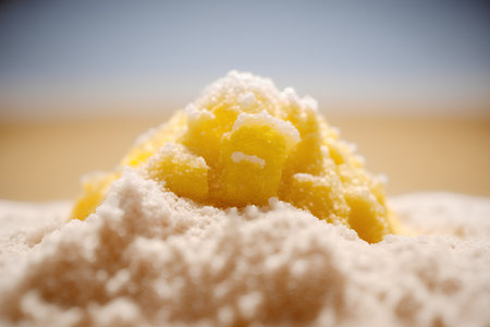 Close-up of yellow flour on the beach. Selective focus. Toned.の素材