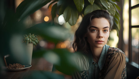 Portrait of a beautiful young woman sitting in a coffee shop.の素材