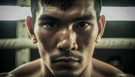 Portrait of young asian boxer looking at camera in gym.の素材