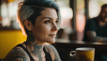 Portrait of a woman with tattoos sitting in a cafe and drinking coffeeの素材