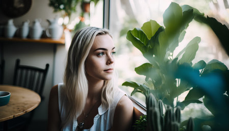 Portrait of a beautiful young woman sitting in a cafe and looking awayの素材