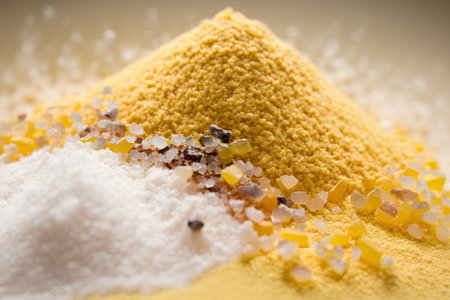 Close-up of a pile of salt and pepper on a yellow backgroundの素材